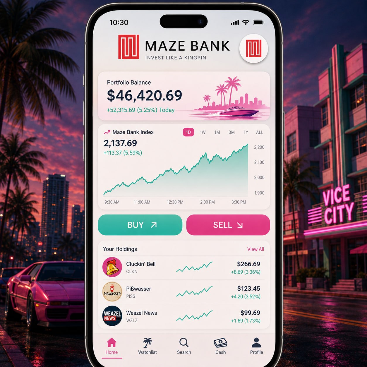 A mockup of Maze Bank in action